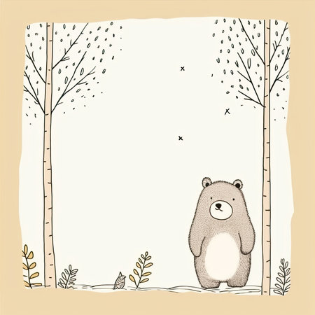 Hand drawn vector illustration of a cute little bear in the forest, vector frame, doodle pastel scrapbookingの素材