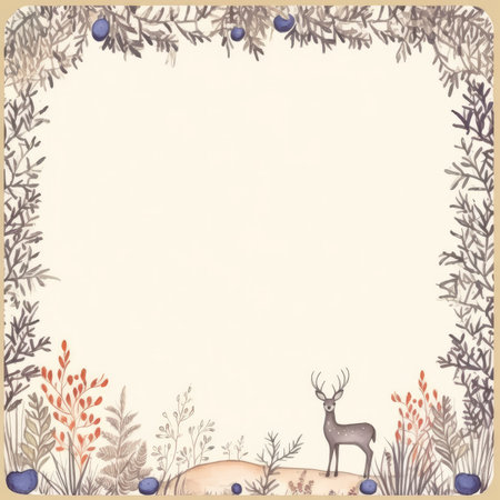 Vintage frame with deer and berries. Hand drawn vector illustration, vector frame, doodle pastel scrapbookingの素材