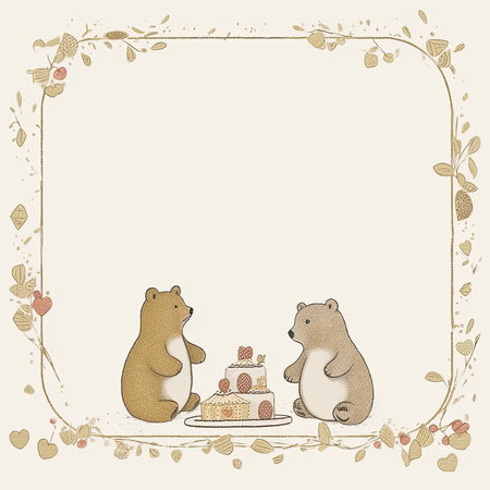 Cute vintage greeting card with bear and cake. Vector illustration, vector frame, doodle pastel scrapbookingの素材