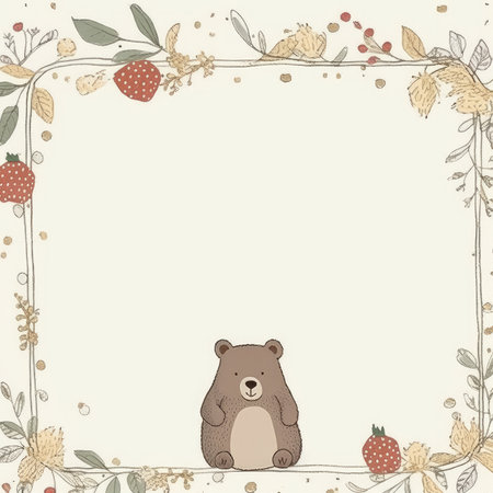 Vintage frame with bear, flowers and berries. Vector illustration., vector frame, doodle pastel scrapbookingの素材