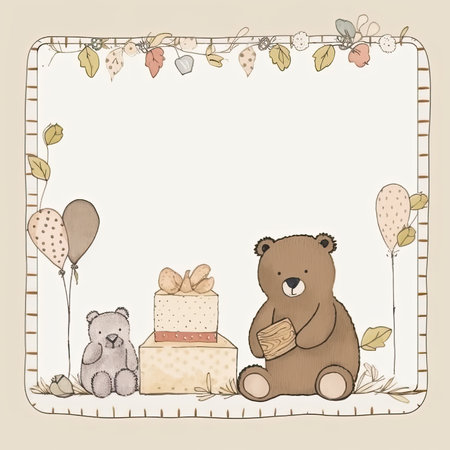 Vintage card with teddy bear and gift box. Vector illustration, vector frame, doodle pastel scrapbookingの素材