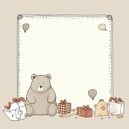 Illustration of a cute bear with gift boxes on a beige background. Scrapbooking gentle doodle frame, handmade thin illustration, pastel colorsの素材