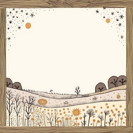 Vector illustration of a frame with trees, sun, clouds and stars. Scrapbooking gentle doodle frame, handmade thin illustration, pastel colorsの素材
