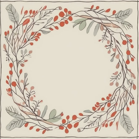 Hand drawn wreath with berries and leaves on a beige background. Scrapbooking gentle doodle frame, handmade thin illustration, pastel colorsの素材