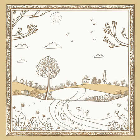 Landscape with trees, fields and houses. Hand drawn vector illustration, vector frame, doodle pastel scrapbookingの素材