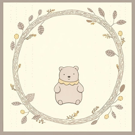 Cute bear with floral frame. Hand drawn vector illustration in vintage style, vector frame, doodle pastel scrapbookingの素材