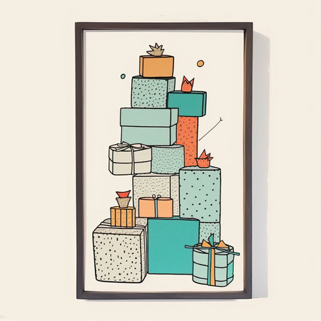 Hand drawn vector illustration of gift boxes in a frame. Doodle style. Scrapbooking gentle doodle frame, handmade thin illustration, pastel colorsの素材