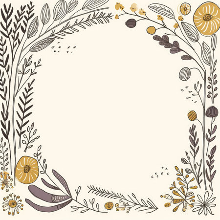Hand drawn vector abstract floral frame with flowers, leaves and herbs. Scrapbooking gentle doodle frame, handmade thin illustration, pastel colorsの素材