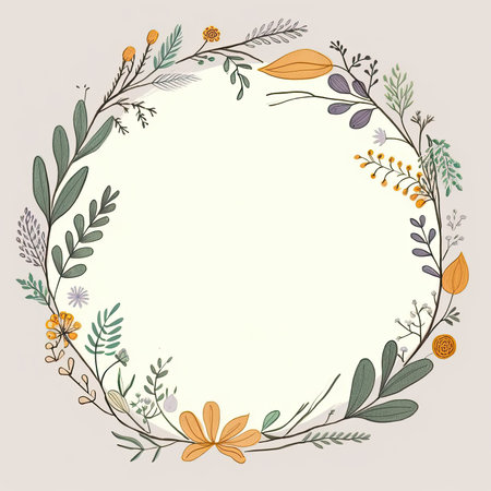 Hand drawn floral wreath. Round frame with leaves and flowers. vector illustration. Scrapbooking gentle doodle frame, handmade thin illustration, pastel colorsの素材