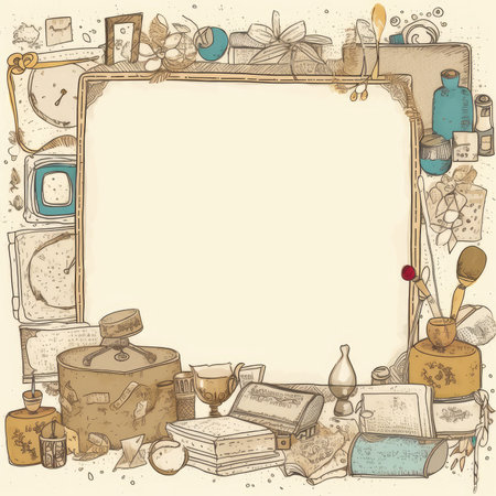 Vintage background with hand drawn books and items. vector illustration. Scrapbooking gentle doodle frame, handmade thin illustration, pastel colorsの素材