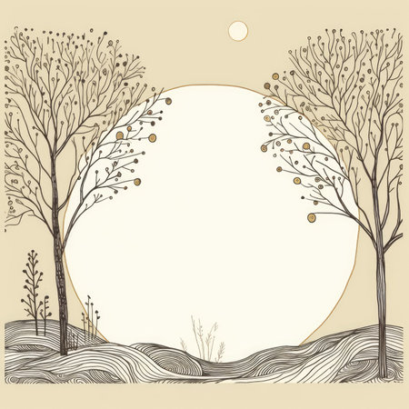 Illustration of a tree in the shape of a circle on a beige background. Scrapbooking gentle doodle frame, handmade thin illustration, pastel colorsの素材