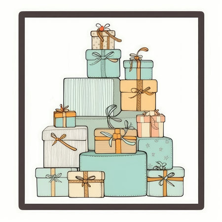 Hand drawn vector illustration of gift boxes. isolated on white background. Scrapbooking gentle doodle frame, handmade thin illustration, pastel colorsの素材
