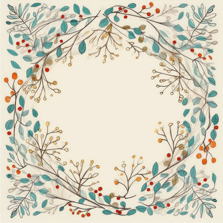 Vintage floral background with leaves and berries. hand drawn vector illustration. Scrapbooking gentle doodle frame, handmade thin illustration, pastel colorsの素材