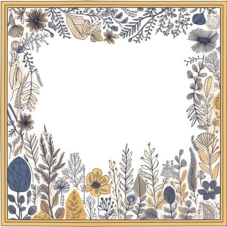 Vintage frame with hand drawn plants and flowers. vector illustration. Scrapbooking gentle doodle frame, handmade thin illustration, pastel colorsの素材