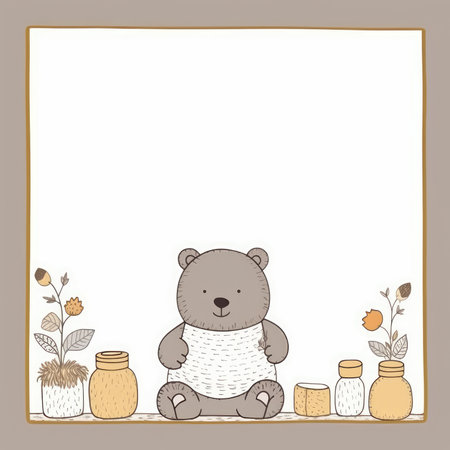 Illustration of a teddy bear sitting on a white background with flowers and jars. Scrapbooking gentle doodle frame, handmade thin illustration, pastel colorsの素材