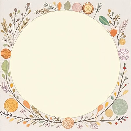 Autumn round frame with flowers and leaves. hand drawn vector illustration. Scrapbooking gentle doodle frame, handmade thin illustration, pastel colorsの素材