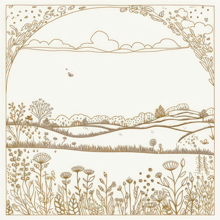 Beautiful hand drawn landscape. Vector illustration in vintage style. Landscape with flowers and grass, vector frame, doodle pastel scrapbookingの素材