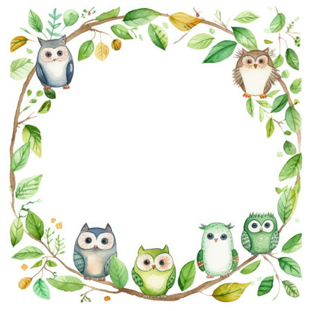 Watercolor wreath with cute owls and leaves. hand drawn illustration. Scrapbooking gentle frame, handmade illustrationの素材
