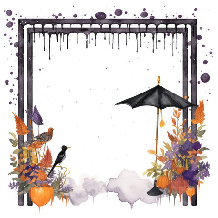 Watercolor autumn frame with pumpkins, flowers, leaves and black umbrella. Scrapbooking gentle frame, handmade illustrationの素材