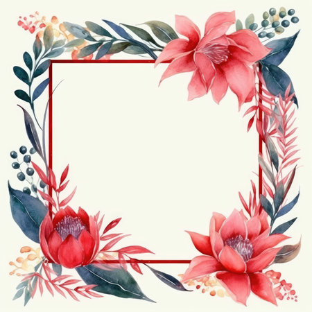 Watercolor floral frame with red protea flowers and green leaves. Scrapbooking gentle frame, handmade illustrationの素材