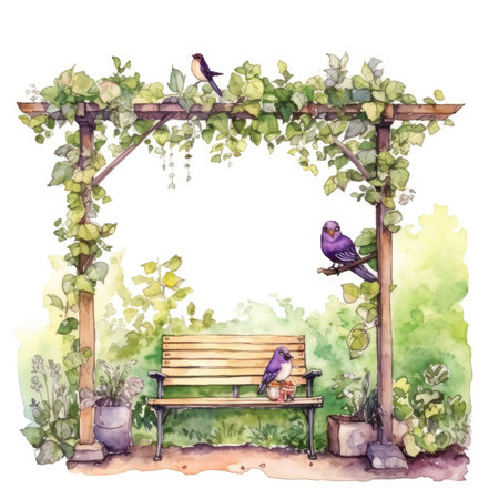 Watercolor illustration of a bench in the garden with birds and flowers. Scrapbooking gentle frame, handmade illustrationの素材