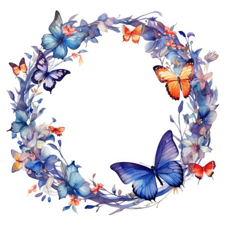 Beautiful vector image with nice watercolor butterfly and butterfly wreath. Scrapbooking gentle frame, handmade illustrationの素材