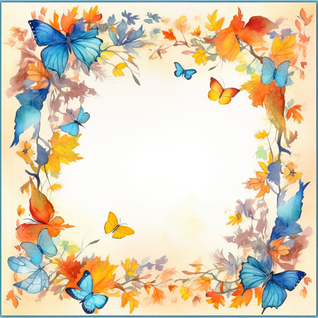 Colorful autumn leaves and butterflies frame on white background. watercolor illustration. Scrapbooking gentle frame, handmade illustrationの素材