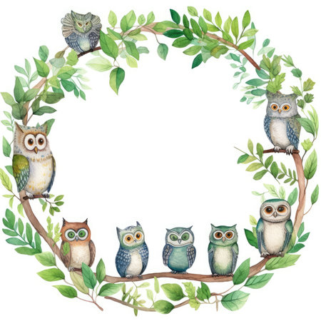 Watercolor wreath with cute owls and branches. hand drawn illustration. Scrapbooking gentle frame, handmade illustrationの素材