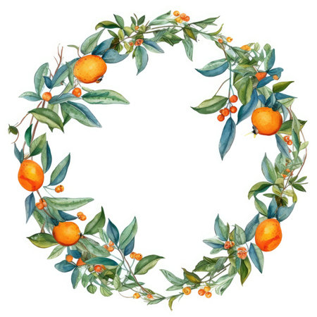 Watercolor Christmas wreath with tangerines, branches and leaves isolated on white background. Scrapbooking gentle frame, handmade illustrationの素材