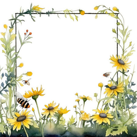 Watercolor frame with yellow flowers and bees. hand drawn illustration. Scrapbooking gentle frame, handmade illustrationの素材