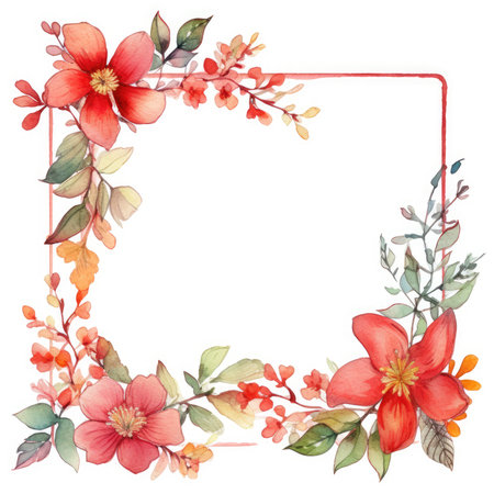 Watercolor floral frame with red flowers and green leaves. hand painted illustration. Scrapbooking gentle frame, handmade illustrationの素材
