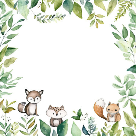 Watercolor border with cute foxes and leaves. hand drawn illustration. Scrapbooking gentle frame, handmade illustrationの素材
