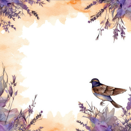 Watercolor frame with bird and lavender flowers. hand drawn illustration. Scrapbooking gentle frame, handmade illustrationの素材