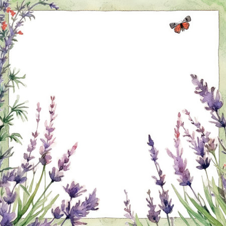 Watercolor lavender frame with butterfly. Hand drawn illustration on white background. Scrapbooking gentle frame, handmade illustrationの素材