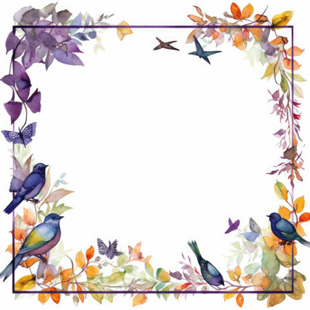 Watercolor floral frame with birds and autumn leaves. hand painted illustration. Scrapbooking gentle frame, handmade illustrationの素材
