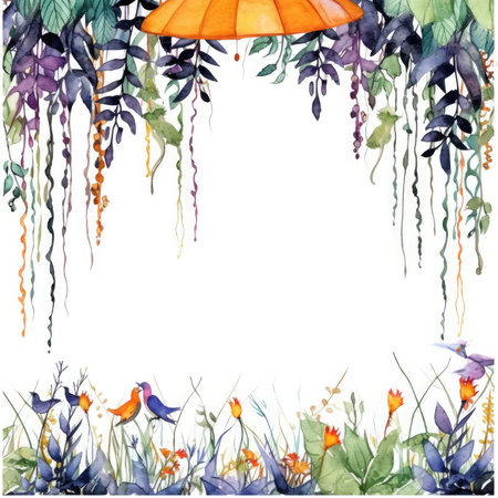 Watercolor floral frame with flowers, leaves and umbrellas. hand painted illustration. Scrapbooking gentle frame, handmade illustrationの素材