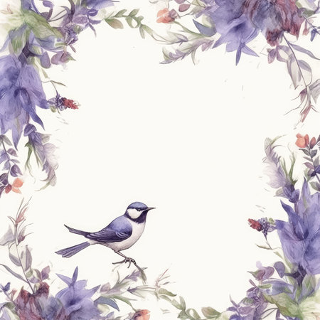 Watercolor floral frame with a bird on a white background. Illustration. Scrapbooking gentle frame, handmade illustrationの素材