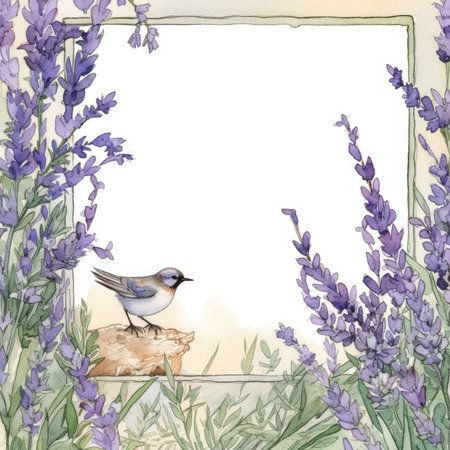Watercolor lavender frame with bird. Watercolor lavender frame with flowers. Scrapbooking gentle frame, handmade illustrationの素材