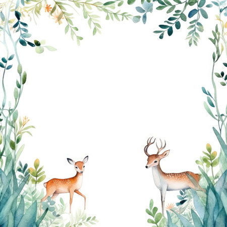 Watercolor forest border with deer and leaves. Hand painted illustration isolated on white background. Scrapbooking gentle frame, handmade illustrationの素材