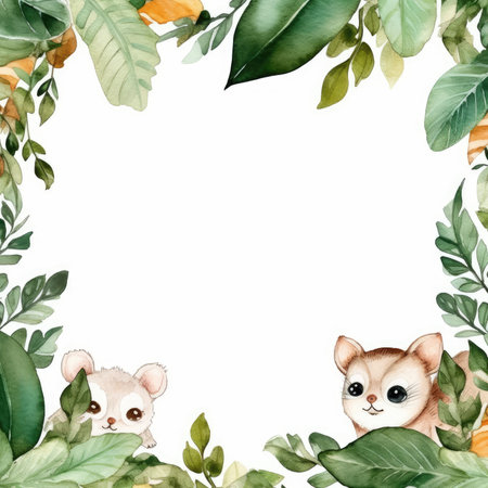 Watercolor frame with cute animals and leaves. hand drawn illustration. Scrapbooking gentle frame, handmade illustrationの素材