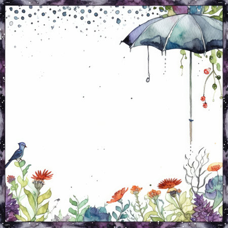 Watercolor floral frame with umbrella, flowers and birds. hand drawn illustration. Scrapbooking gentle frame, handmade illustrationの素材