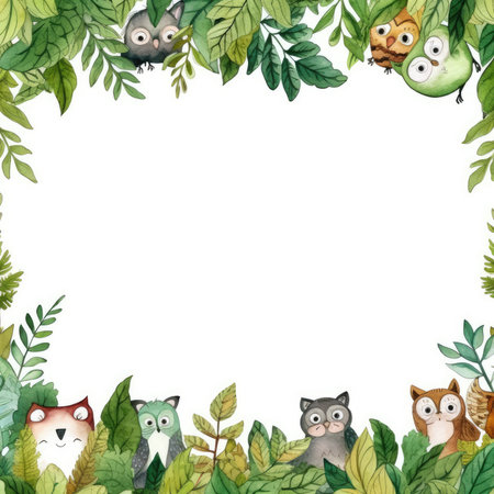 Watercolor frame with cute owls and leaves. hand drawn illustration. Scrapbooking gentle frame, handmade illustrationの素材