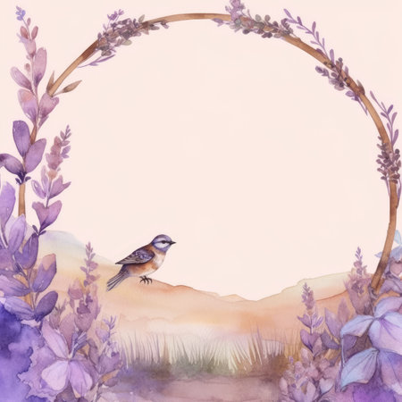 Watercolor background with a bird sitting on a branch of lavender. Scrapbooking gentle frame, handmade illustrationの素材