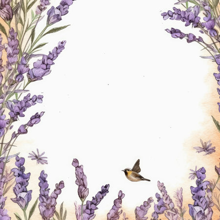 Watercolor lavender flowers and birds. Hand drawn illustration on white background. Scrapbooking gentle frame, handmade illustrationの素材