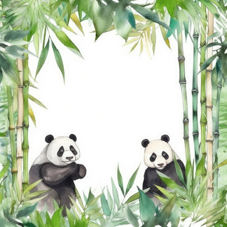 Watercolor bamboo frame with panda and bamboo. hand drawn illustration. Scrapbooking gentle frame, handmade illustrationの素材