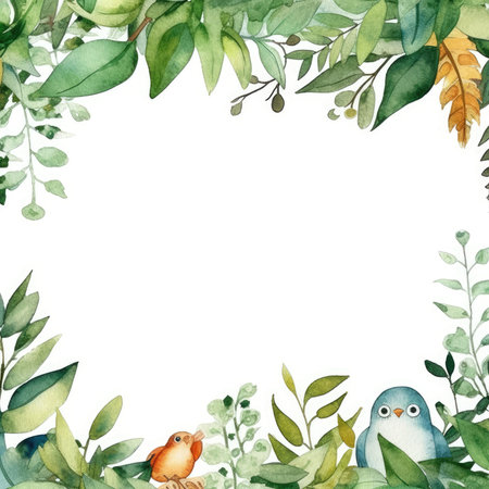 Watercolor frame with green leaves and birds. hand drawn illustration. Scrapbooking gentle frame, handmade illustrationの素材