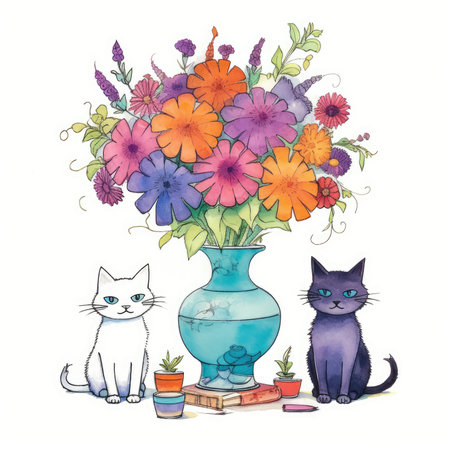 Flower bouquet in vase with cats and flowers. vector illustration.の素材