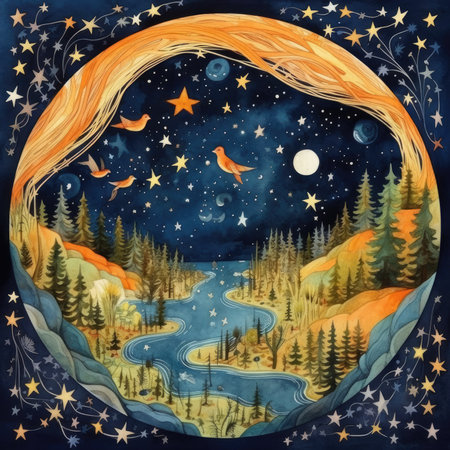 Watercolor night landscape with moon, stars and forest. hand drawn illustrationの素材