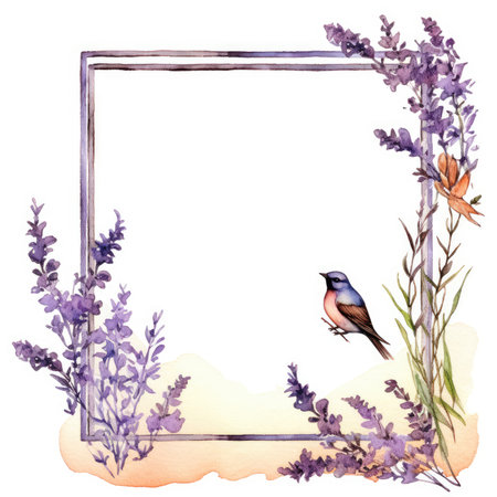 Watercolor floral frame with bird and lavender flowers. hand drawn illustration. Scrapbooking gentle frame, handmade illustrationの素材