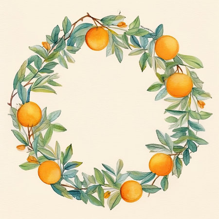 Watercolor wreath with oranges and leaves. hand drawn illustration. Scrapbooking gentle frame, handmade illustrationの素材